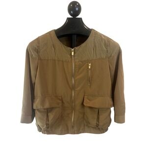 HM Womens Brown Utility Bomber Jacket Mixed Media Full Zip Cargo Pockets Size 8